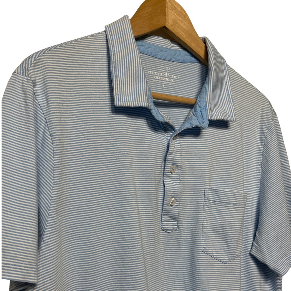 Vineyard Vines Island Polo Shirt Mens Large Blue White Stripe Pima Cotton Pocket